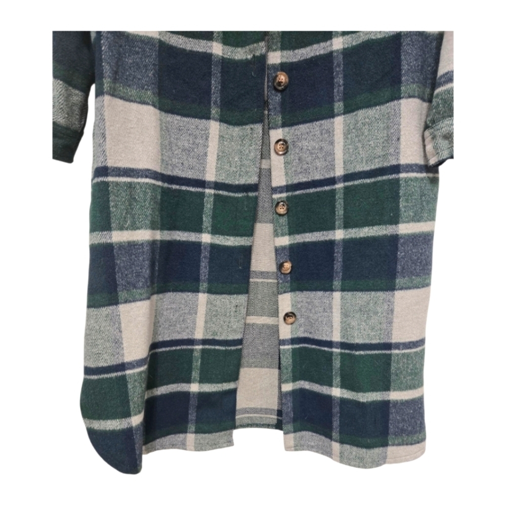 Plaid Flannel Shacket Jacket Oversized Button Up Blue Green XS Women's Grunge - Picture 4 of 8